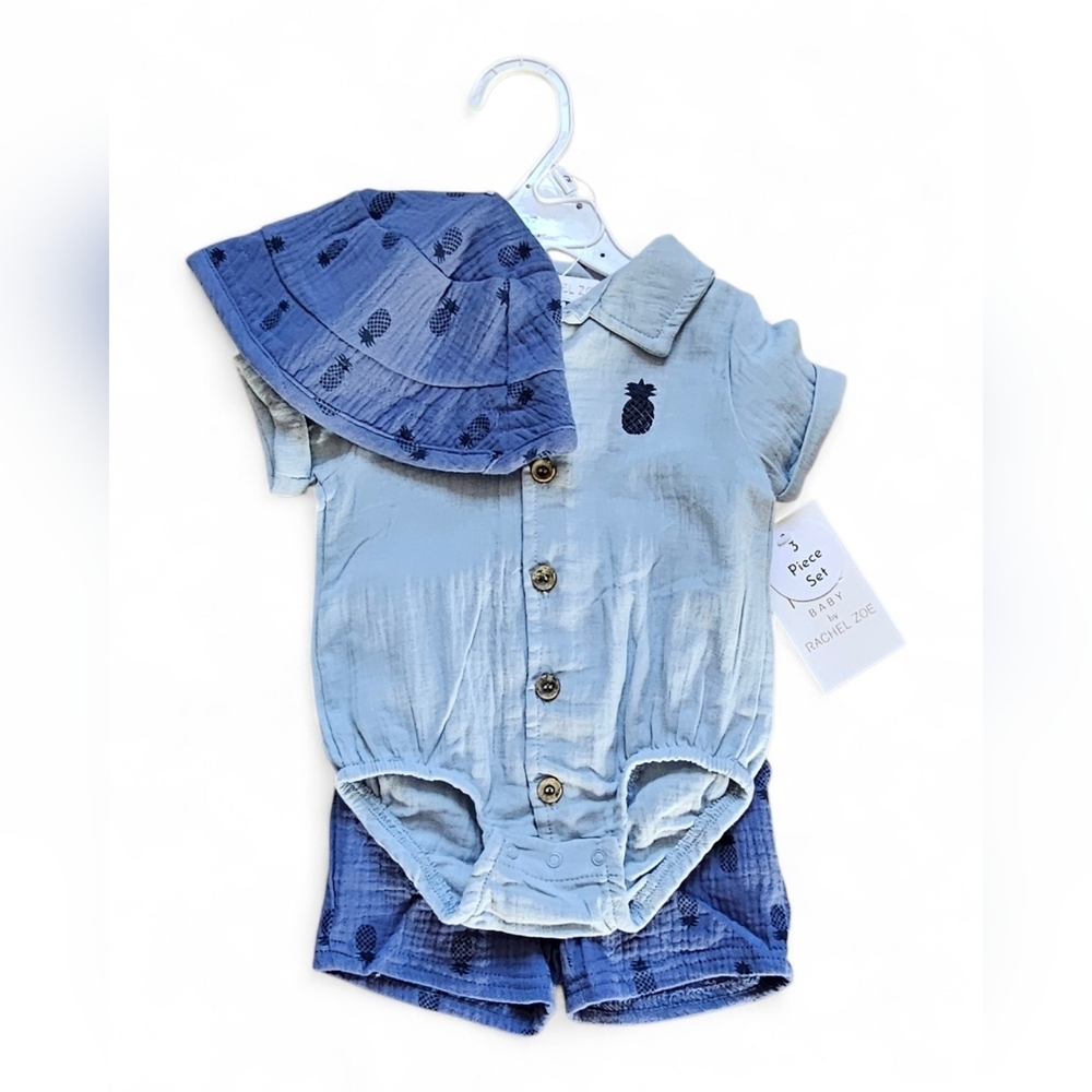 Rachel Zoe Baby 3-Piece Set Pineapple Print Romper, Shorts & Hat Size 3-6 Months